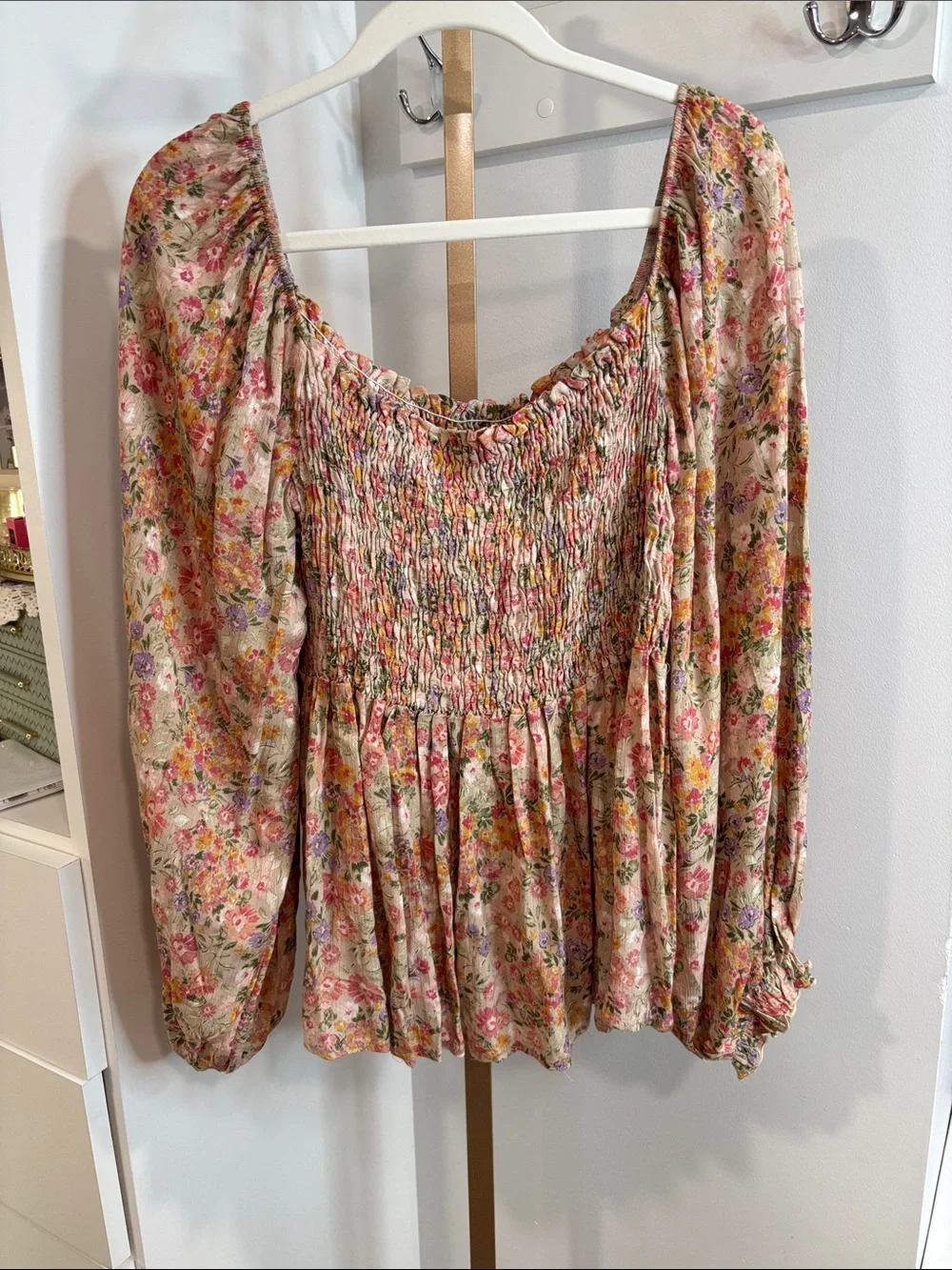 BiBi Pink Floral Smocked Peasant Blouse - Picture 2 of 2